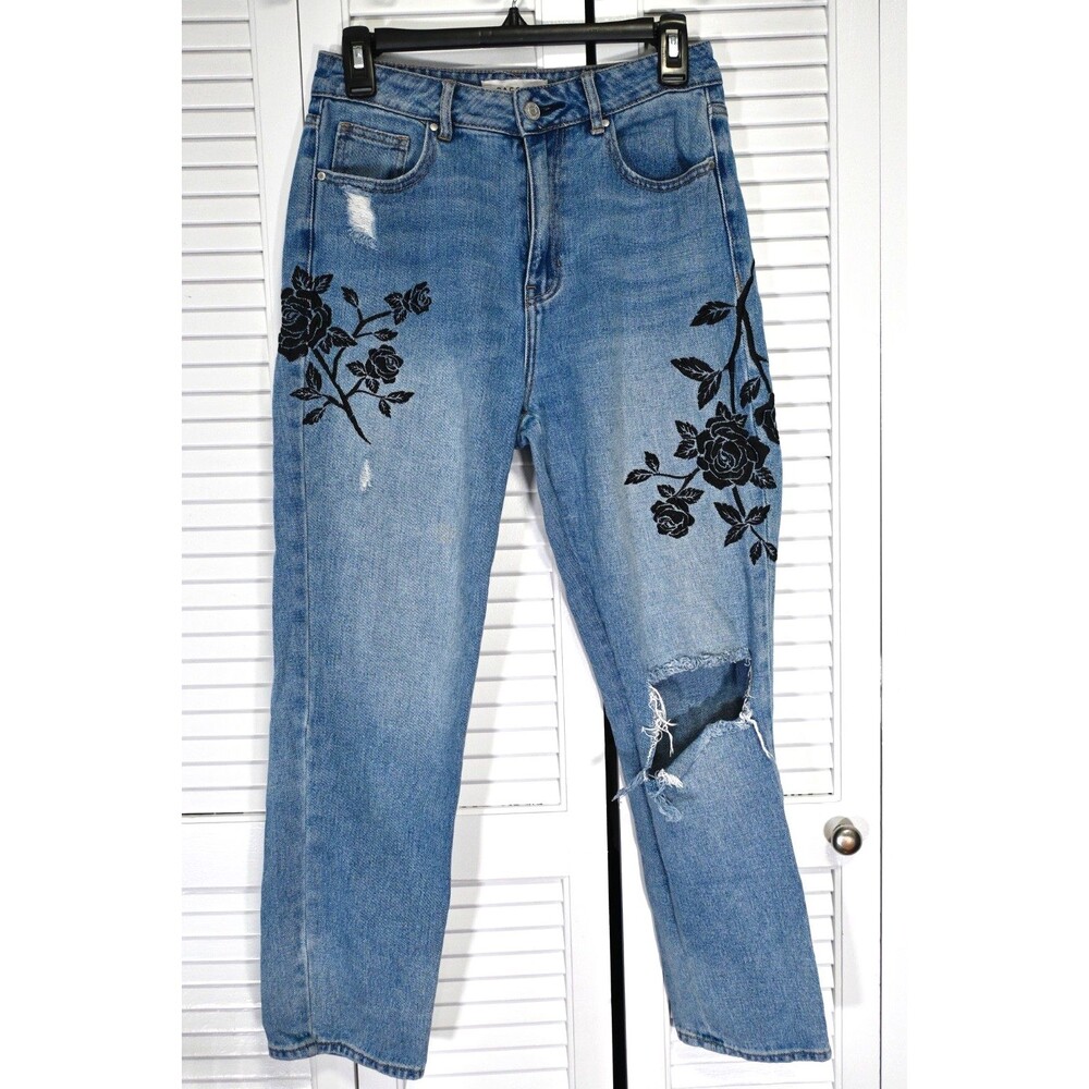 PacSun Mom Jeans Women's 27  Blue Denim Embroidered Flower Distressed 5-Pocket